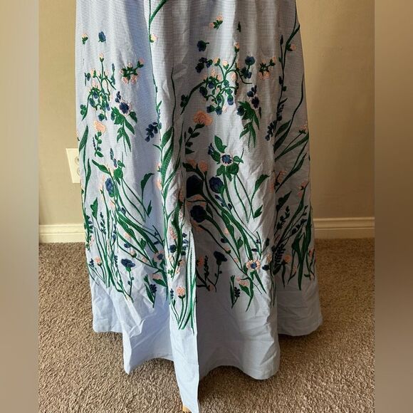 Lela Rose Blue Checker Flower Embroidered Sleeveless Maxi Women's Dress size 10 - Picture 2 of 12